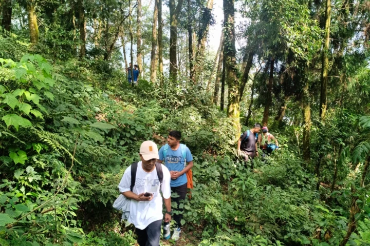 A group of excited hikers embarks on a day hike through the lush forests on the outskirts of Gangtok